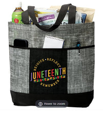 Load image into Gallery viewer, Juneteenth: Rejoice, Reflect, Remember Malibu Non-Woven Tote Bag w/Tumbler Gift Set
